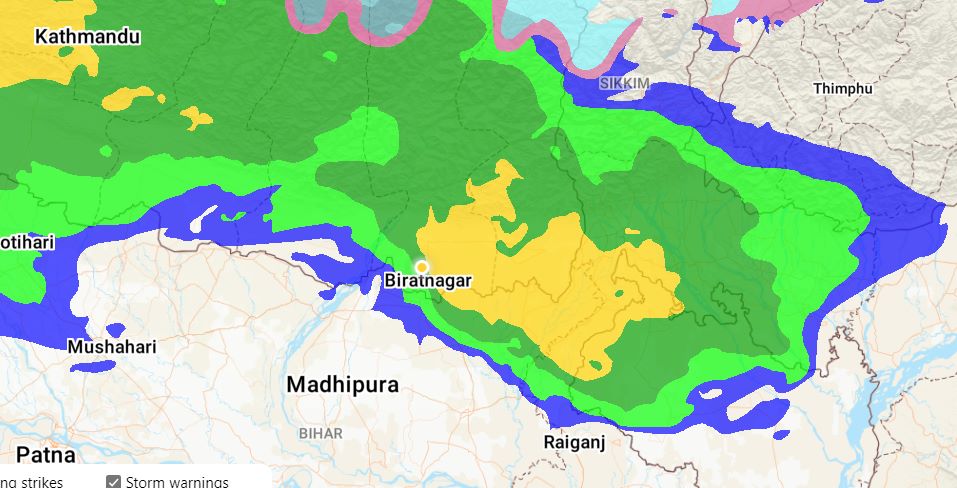 भारी वर्षा भइरहेका देशभरका पाँच स्थान मध्ये विराटनगर दोस्रोमा, १४१.१ मिलिमिटर वर्षा मापन